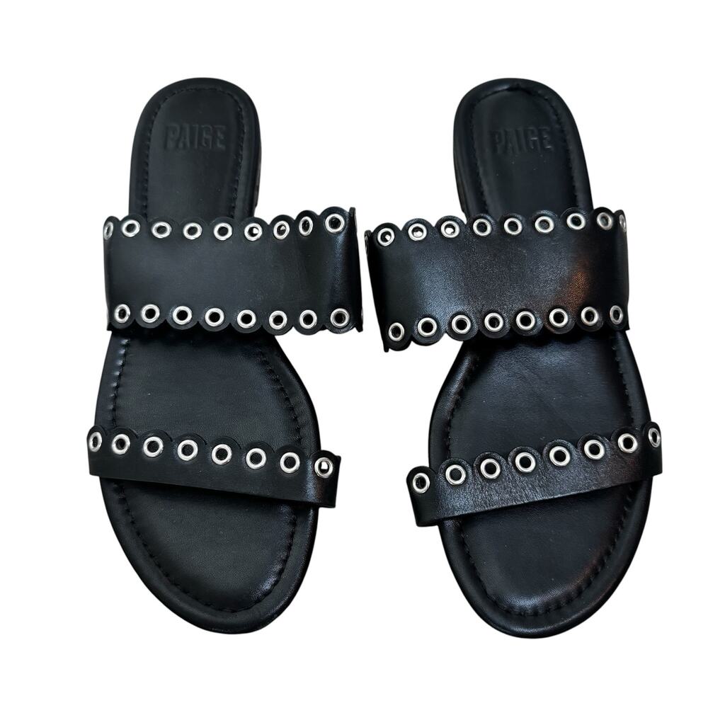 PAIGE Black Leather Double Scalloped Strap Slide Sandals w/ Silver Grommet Sz 8